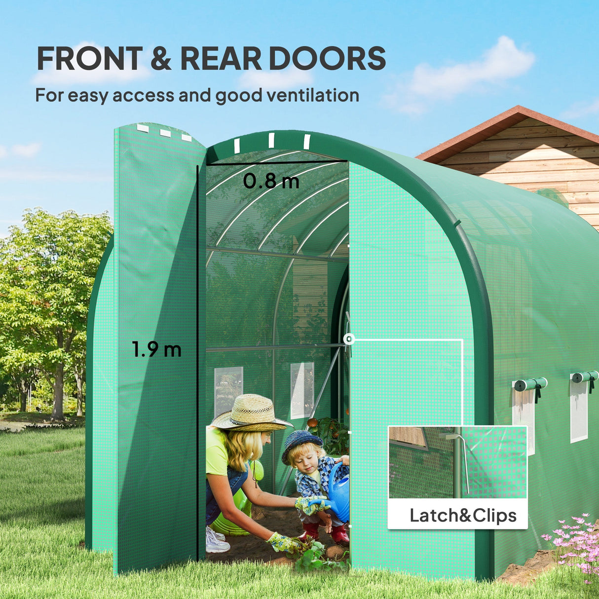 Polytunnel Greenhouse, 3 x 2(m) with Windows and Doors - Green