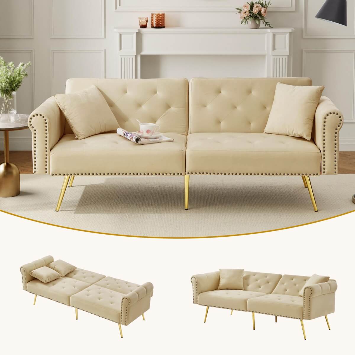 2-Seater Modern Sofa Bed – Velvet Upholstery with 3-Stage Adjustable Backrest and Gold Metal Feet, Space-Saving Convertible Sofa for Small Spaces