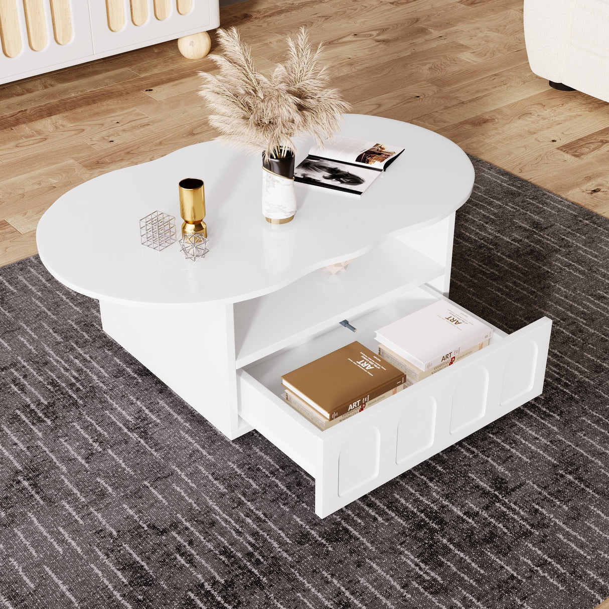 Cloud-Shaped Coffee Table with Drawer and Storage Compartments