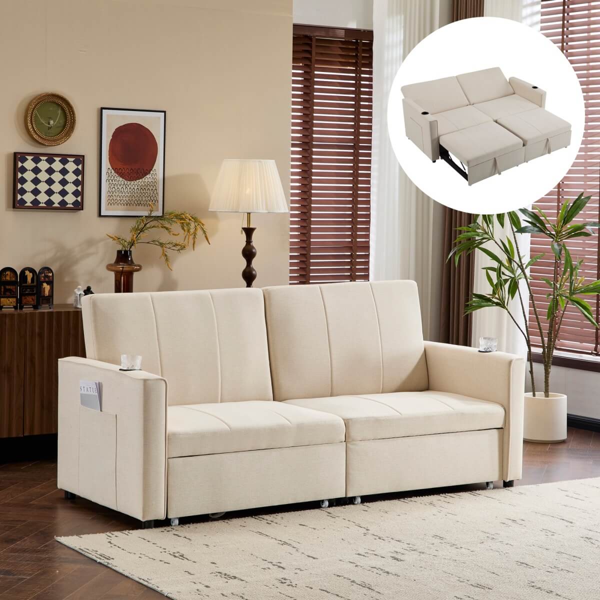 King Size Pull Out Sofa Bed - Convertible Fabric Sofa with Cup Holders and Side Pockets