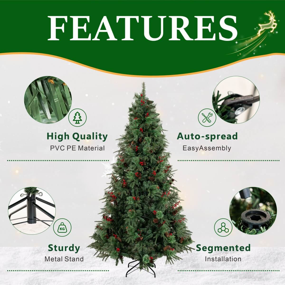 Realistic Full Green Artificial Christmas Tree with Pine Cones & Red Berries - Easy-Setup PVC Xmas Tree, 5ft/6ft/7ft