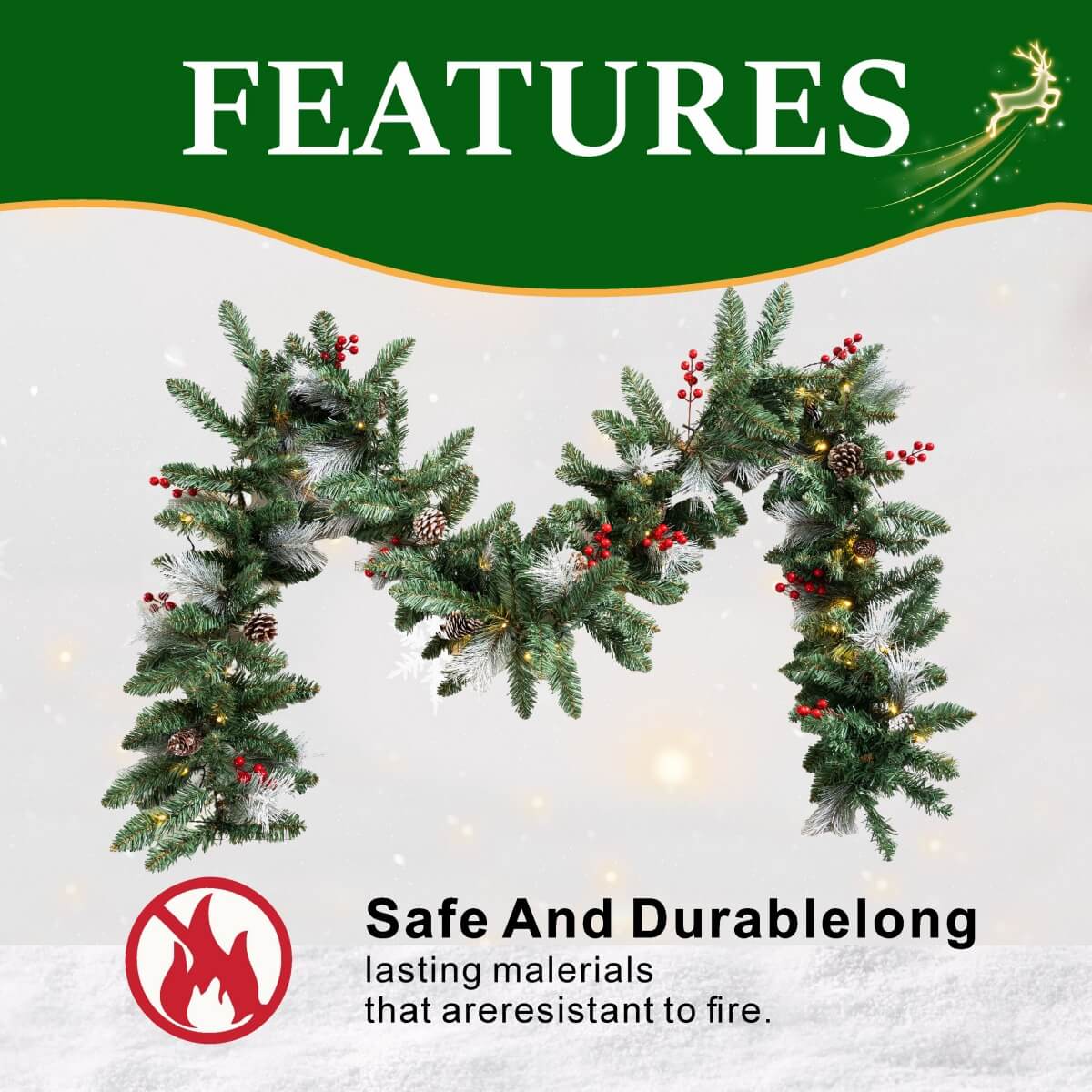 Festive PVC Christmas Garland - Pine Cones & Red Berries with Pre-Lit LED Lights
