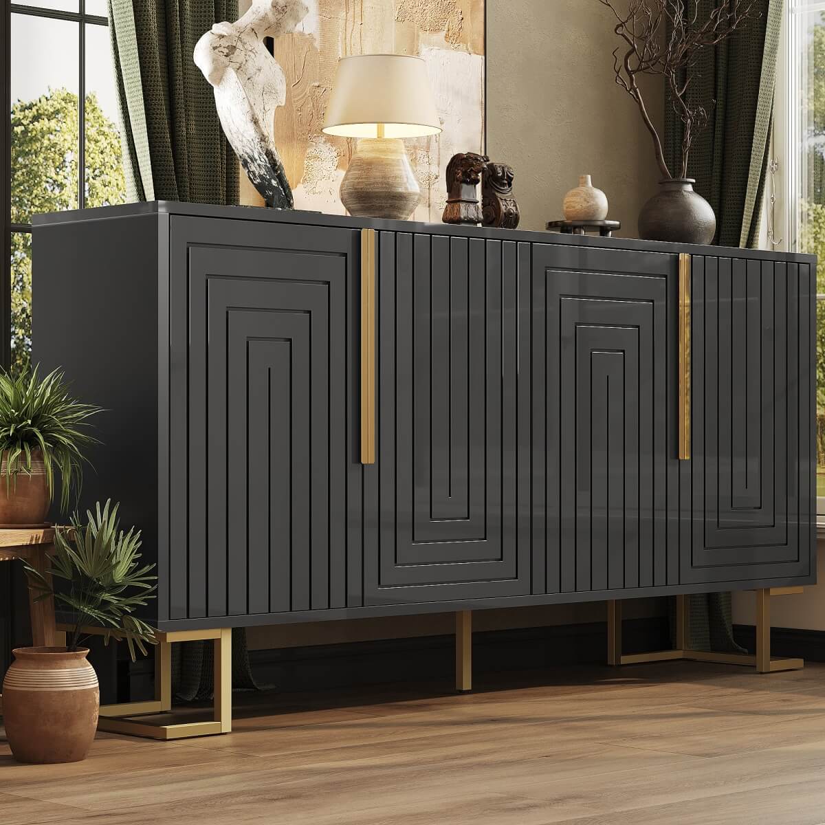 Black Sideboard with Geometric Design - Modern Storage Cabinet with Gold Handles and Gold Legs
