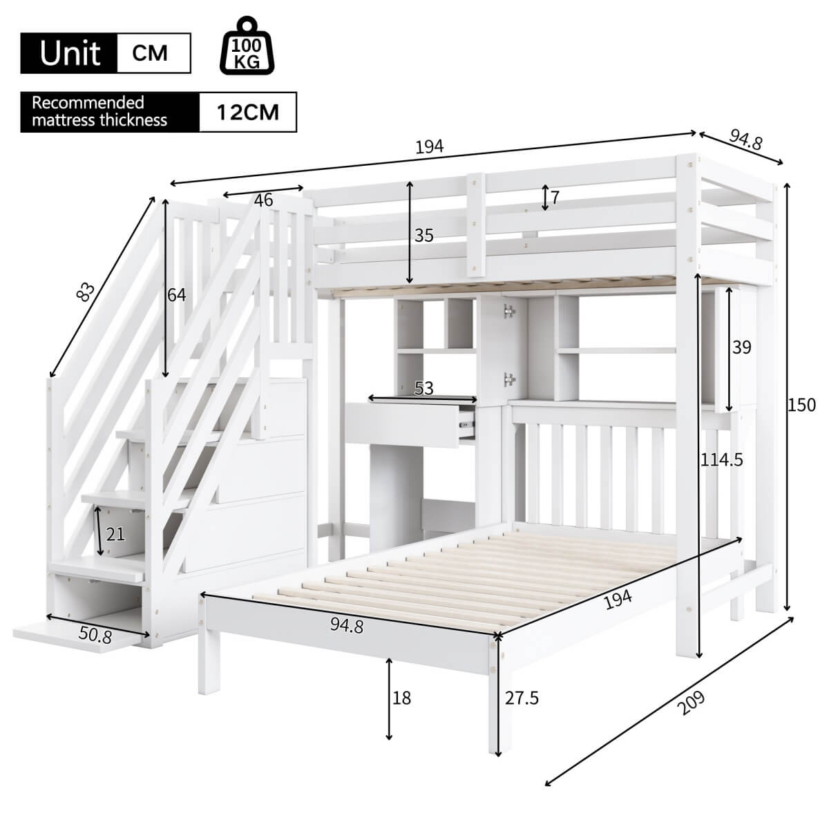 Kids Wooden Bunk Bed with Desk & Storage - 3ft Cabin Bed Frame, White