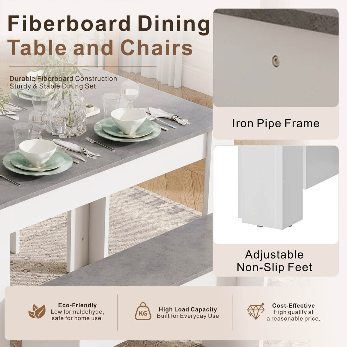 3 Piece Dining Table Set with Benches - Rectangular Kitchen Dining Set