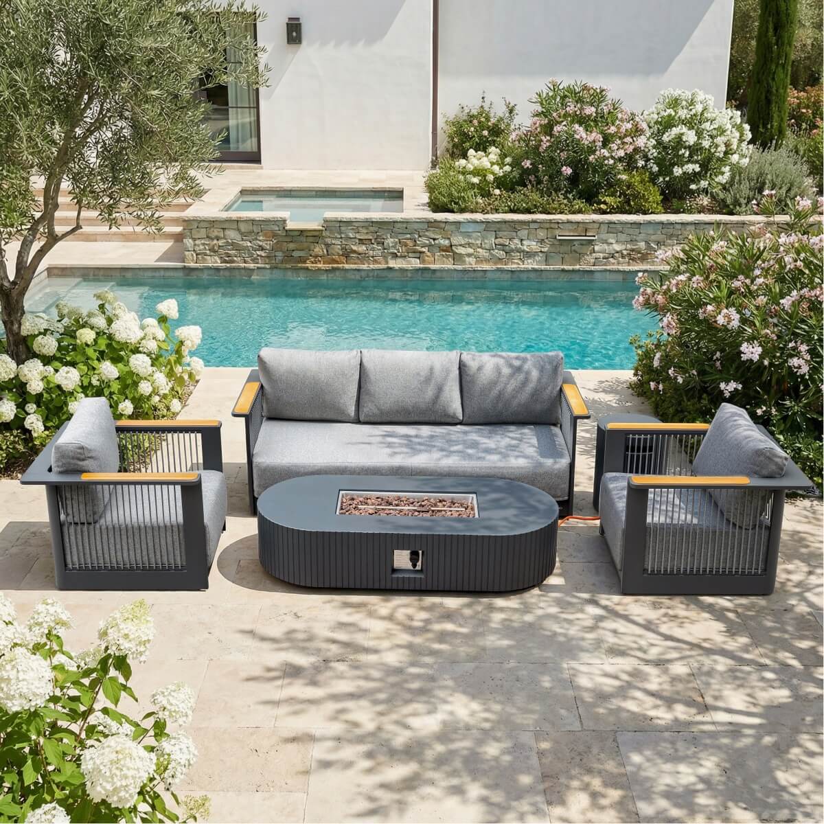 TALARA 5-Seater Aluminium Sofa Set with LYRIN Fire Pit Table