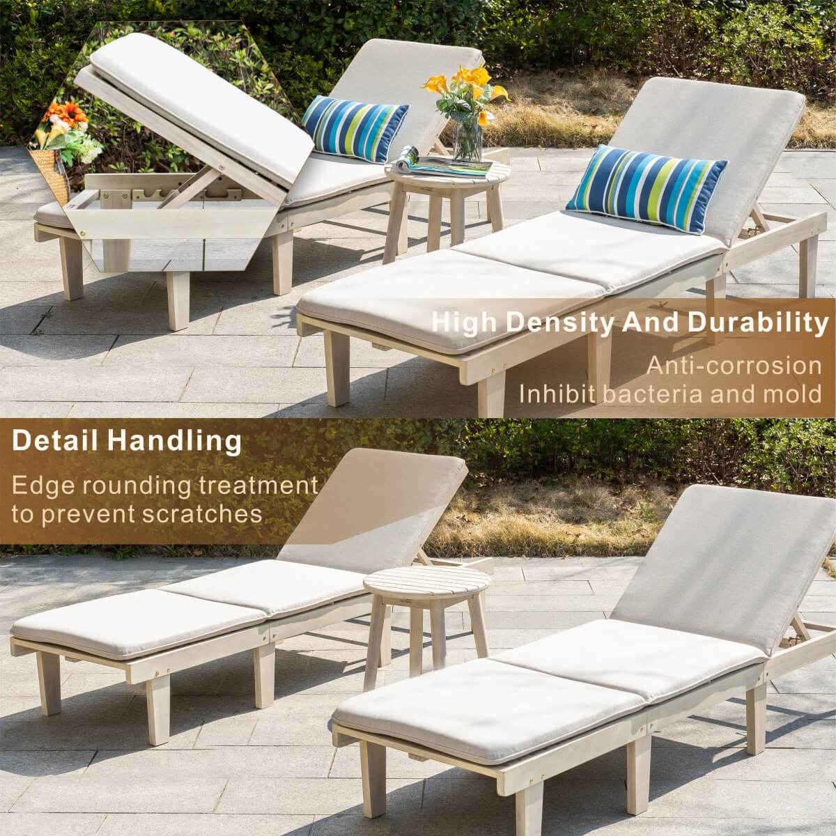 Outdoor Solid Wood Sun Lounger Set - 2 Adjustable Backrest Loungers with Round Side Table
