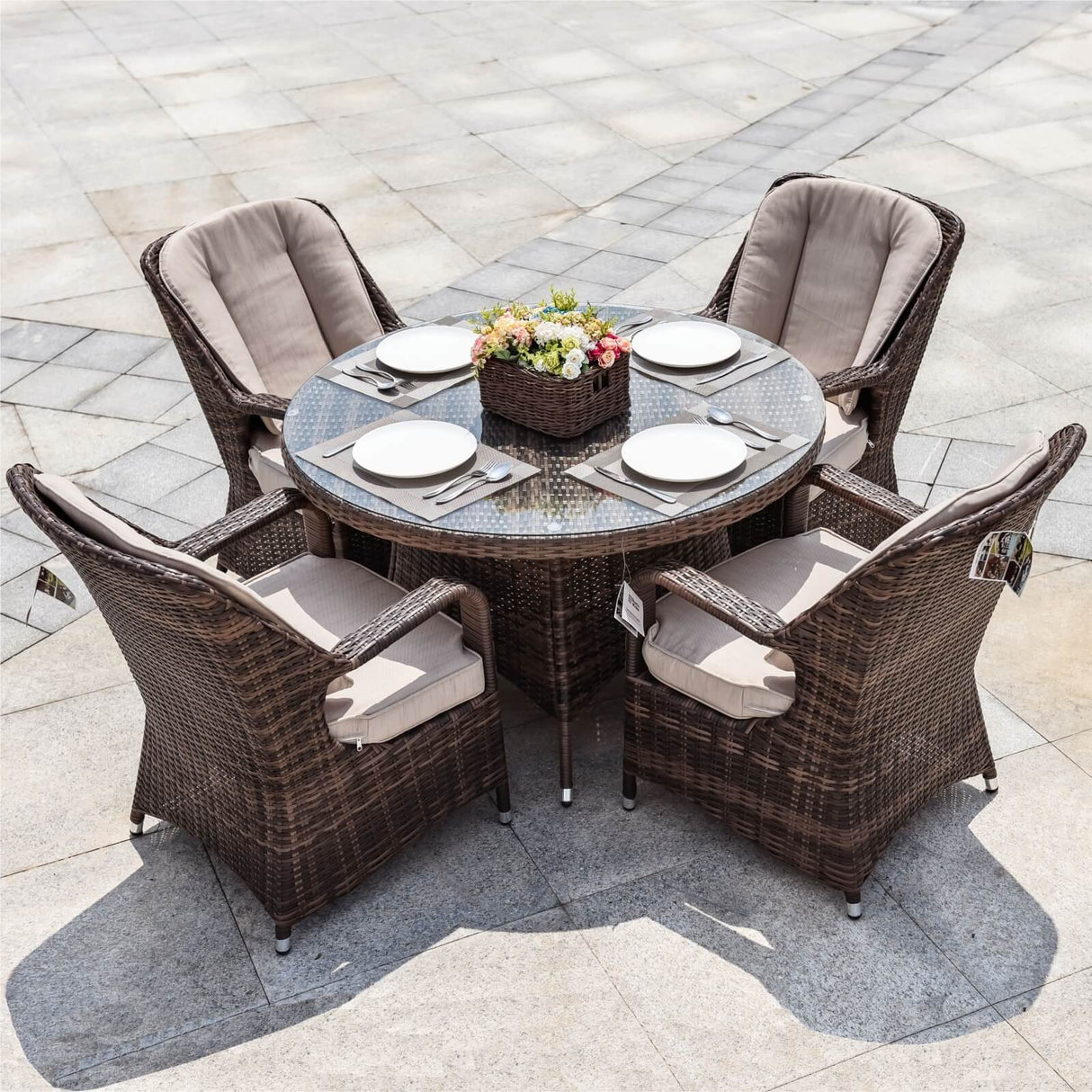 4 Seater Round Rattan Outdoor Dining Table - Garden Patio Dining Table