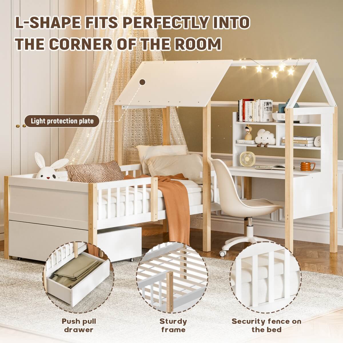 Kids House Bed with Safety Guard Rail - Solid Wood Bed Frame with L-Shaped Desk, Bookcase & Rolling Storage Drawers, White