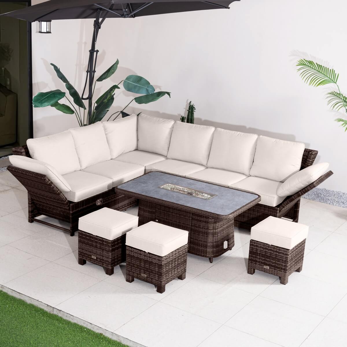 9-Seater Aluminium Fire Pit Sofa Set - Lift-Top Table with Adjustable Armrests