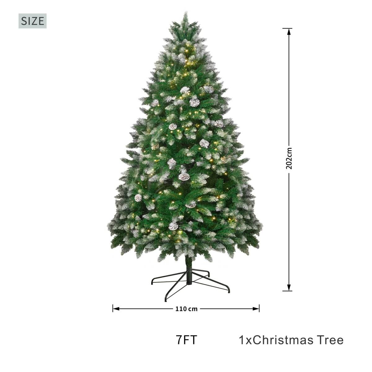 Snow Flocked Artificial Christmas Tree with Pine Cones - Full PVC Xmas Tree with 8-Mode Warm White LED Lights, 6ft/7ft