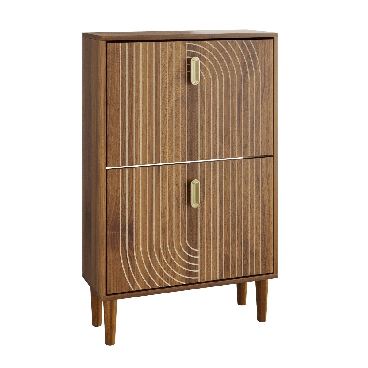 Shoe Storage Cabinet with 2 Flip-Down Drawers - Freestanding Shoe Rack with Metal Handles and Grooved Design for Entryway