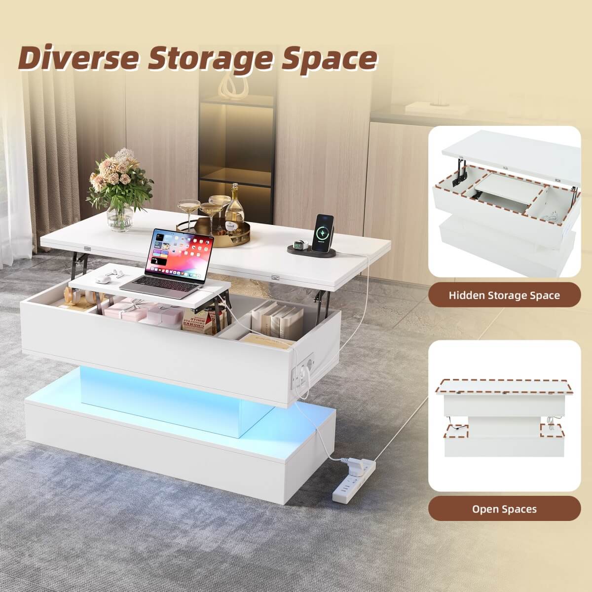 Lift Top LED Coffee Table - Height Adjustable Table with Power Outlet, USB C Charging and Storage