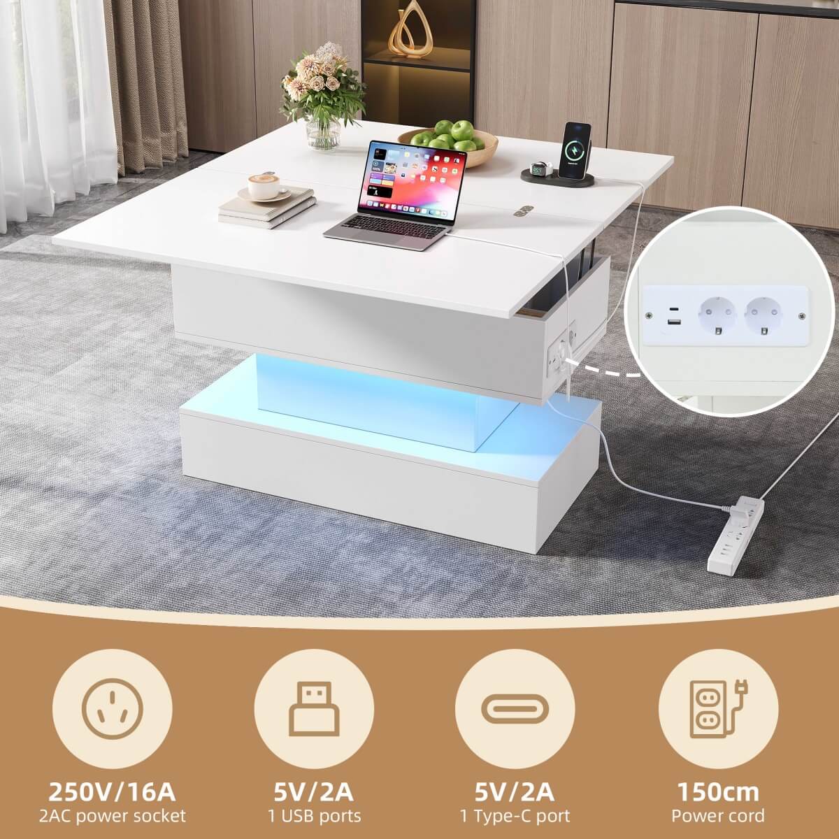 Lift Top LED Coffee Table - Height Adjustable Table with Power Outlet, USB C Charging and Storage