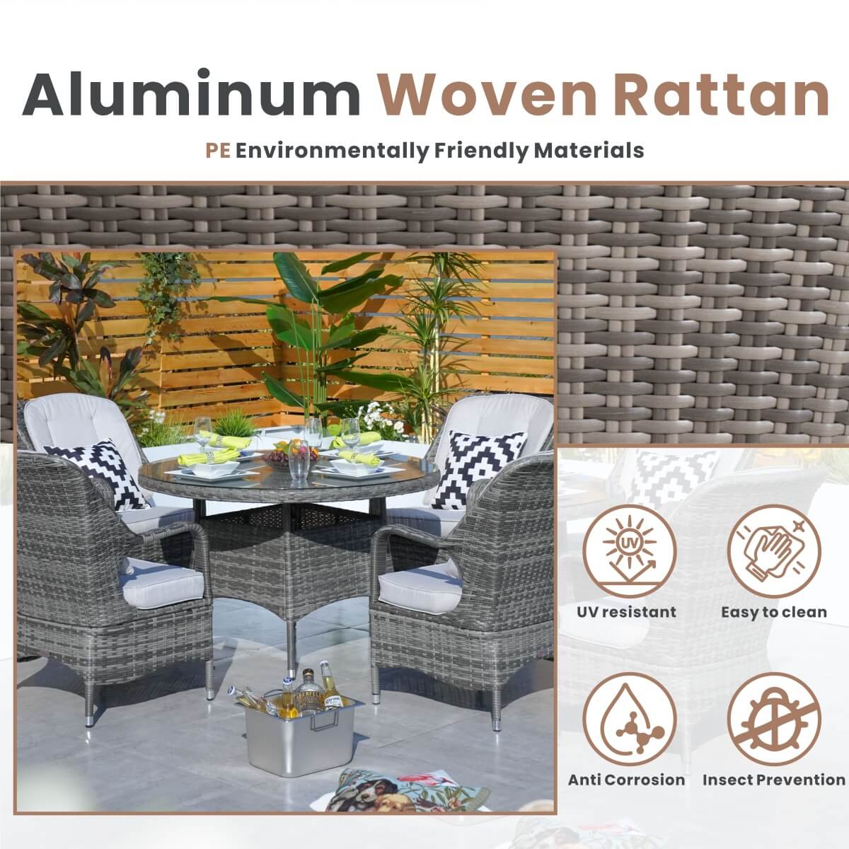 4 Seater Outdoor Rattan Dining Set - Round Garden Table with Tempered Glass Top & Parasol Hole
