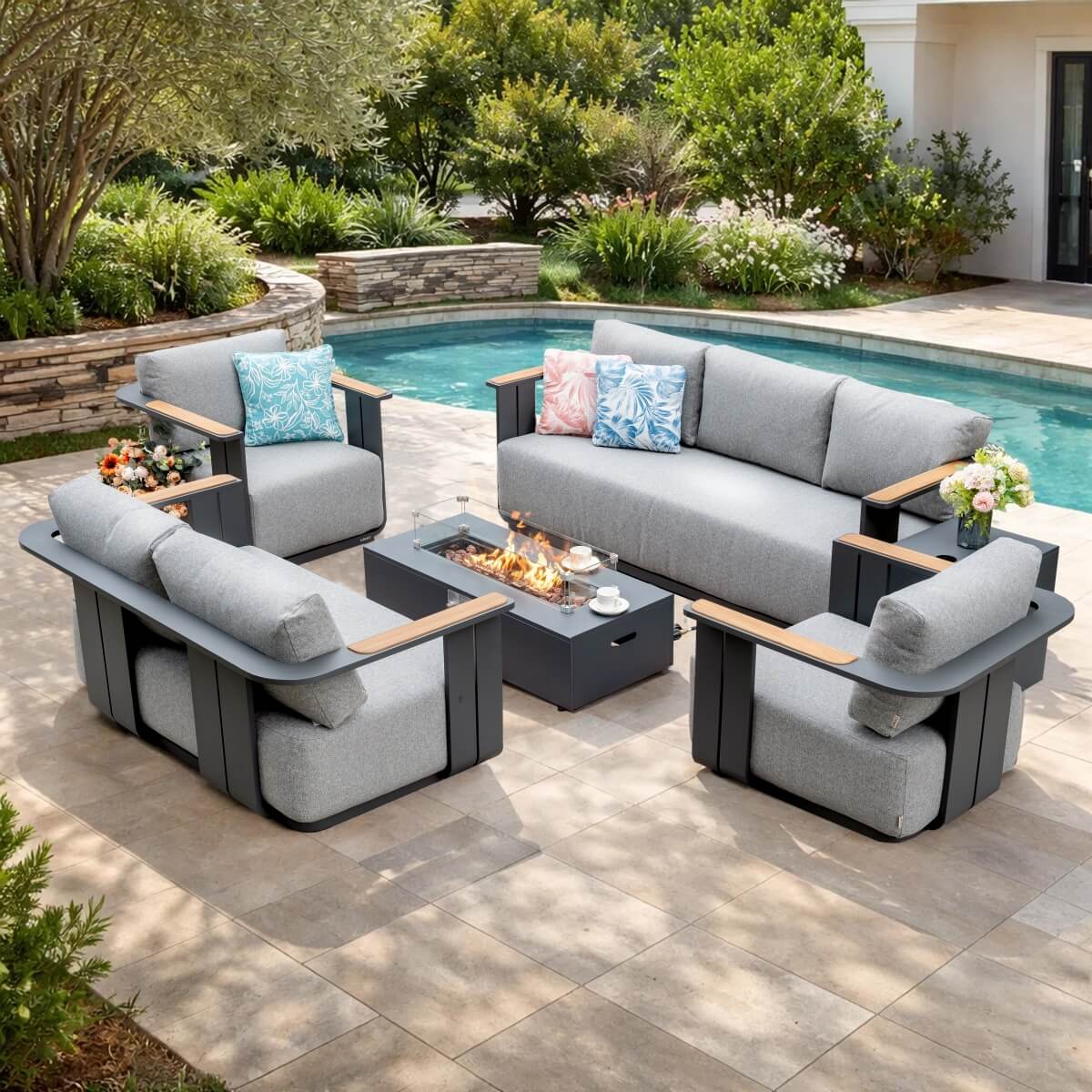 VAREL 5-Piece Sofa Set with ZENITH Fire Pit Table (Full Set)