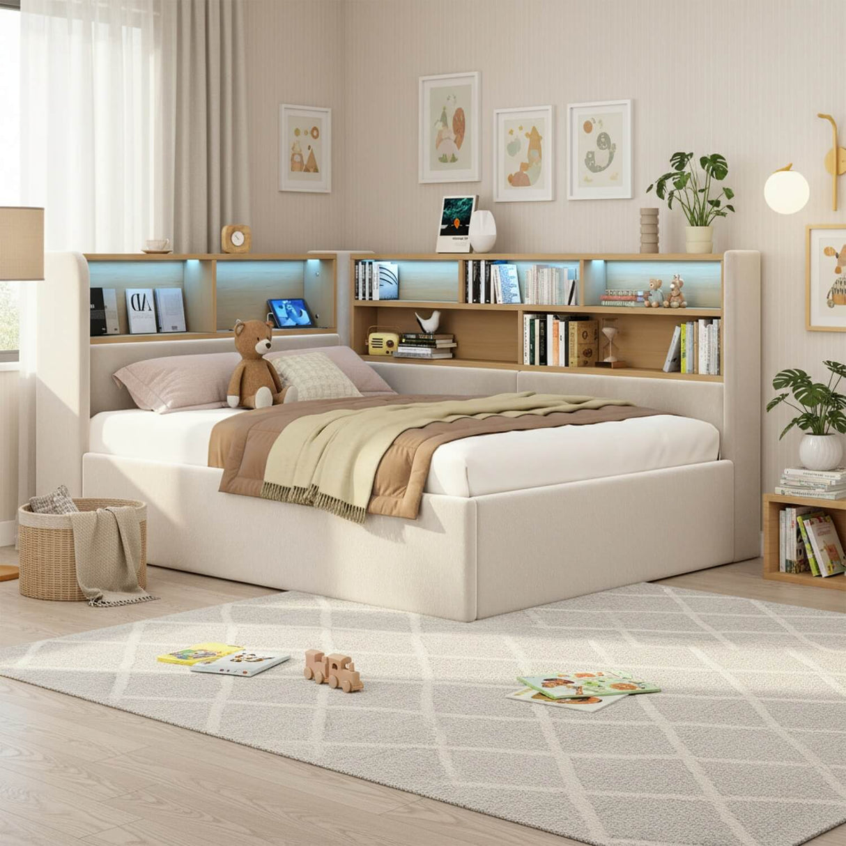 3FT Single L-Shaped Upholstered Daybed - Velvet Sofa Bed with Hydraulic Storage & USB