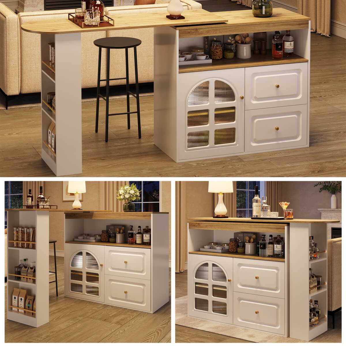 Rotating Sideboard Cabinet - 2 Drawers with Open Storage & Curved Glass Shelves