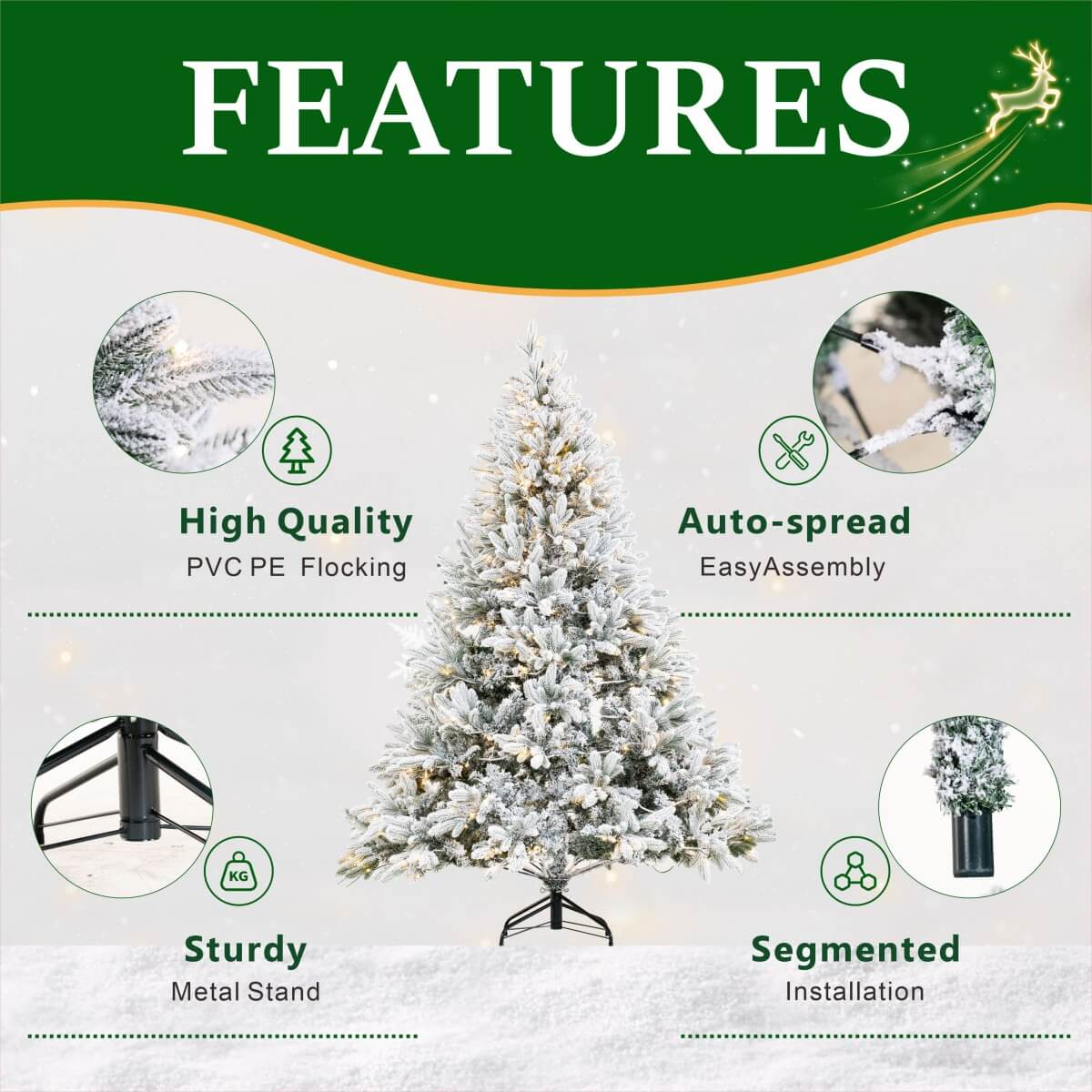 Realistic Snow-Flocked Green Artificial Christmas Tree - Full PVC & PE Mixed-Foliage Xmas Tree with Pre-Lit Warm White LED Lights & Faux Snow Effect, 6ft/7ft/8ft