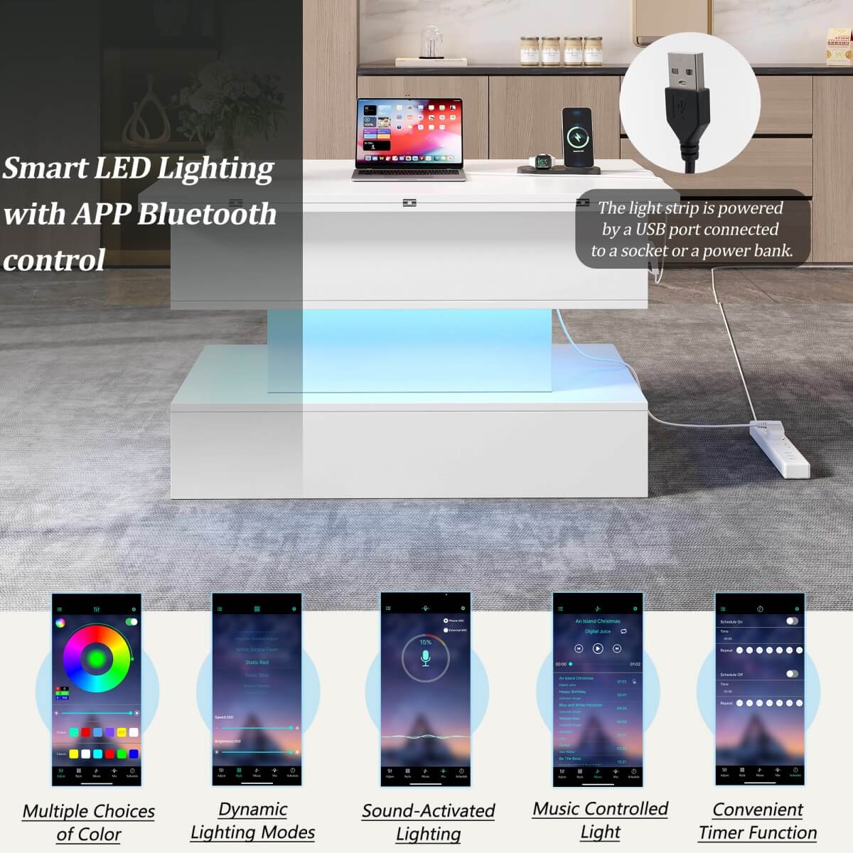 Lift Top LED Coffee Table - Height Adjustable Table with Power Outlet, USB C Charging and Storage