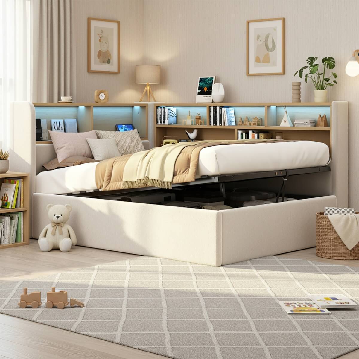 3FT Single L-Shaped Upholstered Daybed - Velvet Sofa Bed with Hydraulic Storage & USB