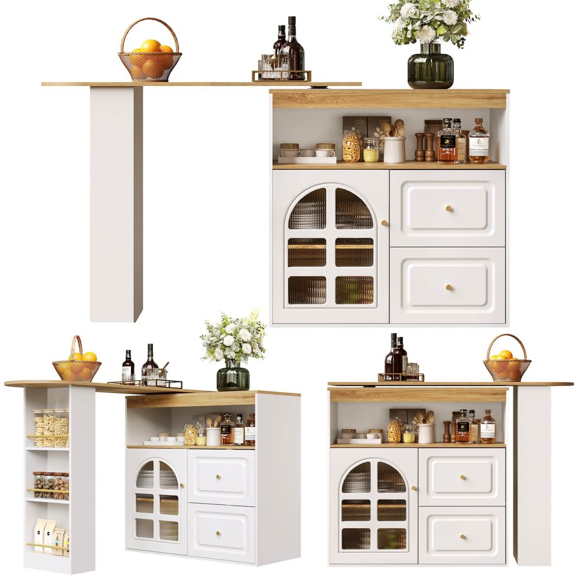 Rotating Sideboard Cabinet - 2 Drawers with Open Storage & Curved Glass Shelves