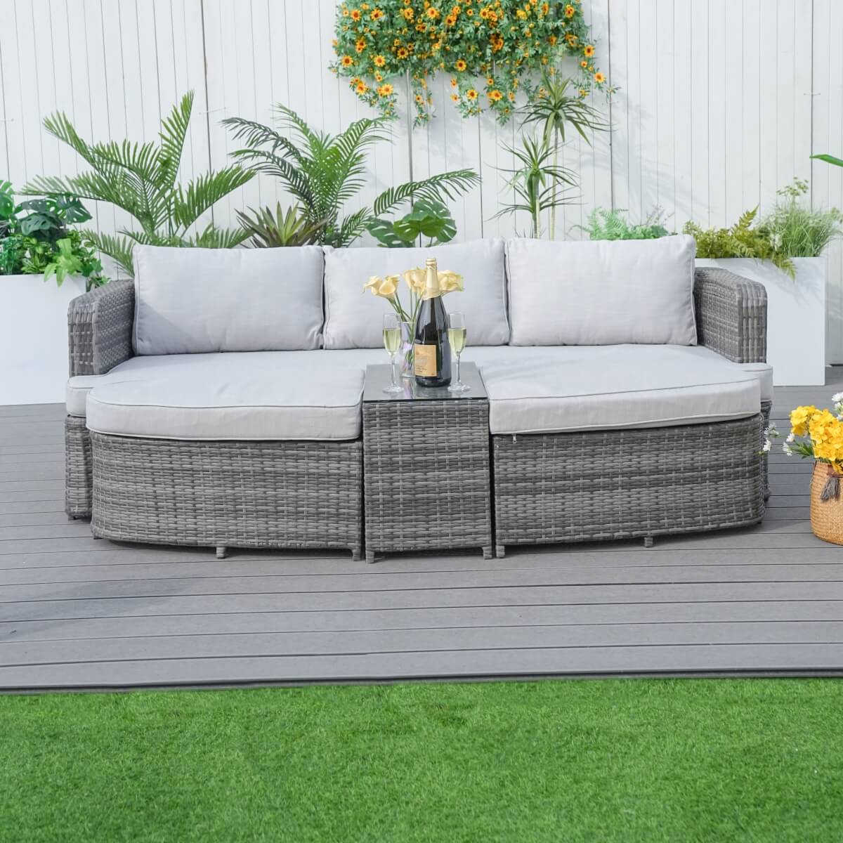 Rattan Outdoor Daybed with Coffee Table - Garden Sun Lounger Sofa