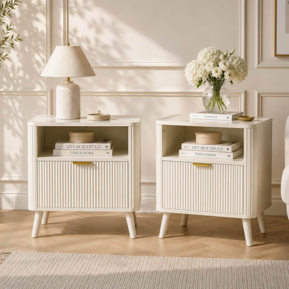 Set of 2 Fluted Bedside Tables - Drawer and Open Shelf, Rounded Corners, Gold Handles and 4-Leg Solid Wood Base, Cream White