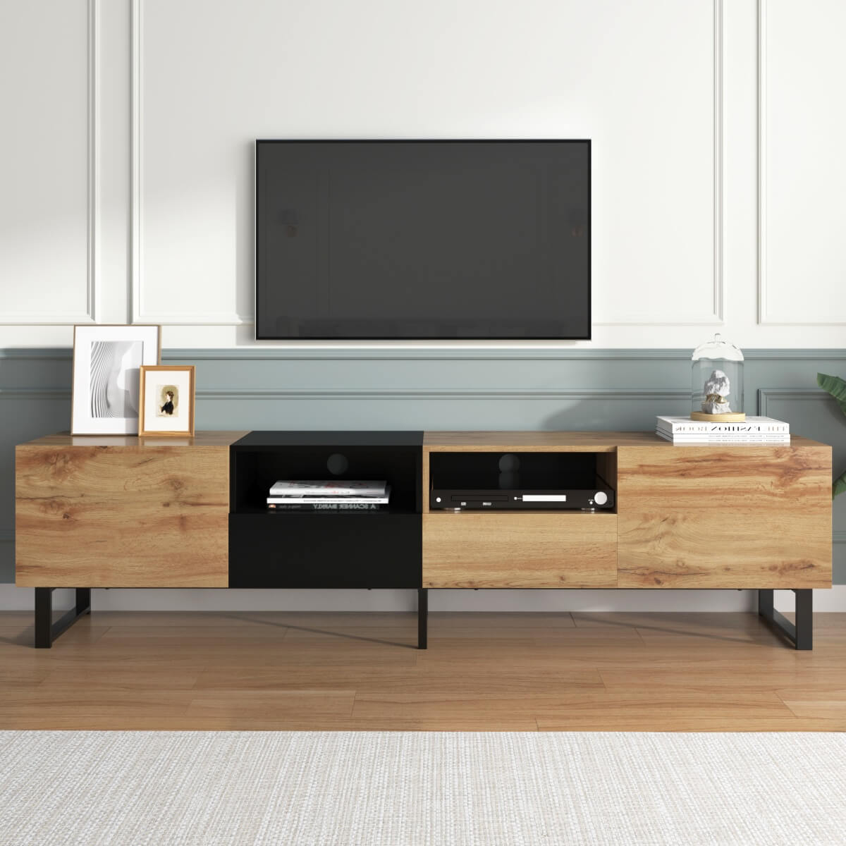 190cm Modern TV Stand - Black & Wood Media Console with Storage Cabinets and Drawers