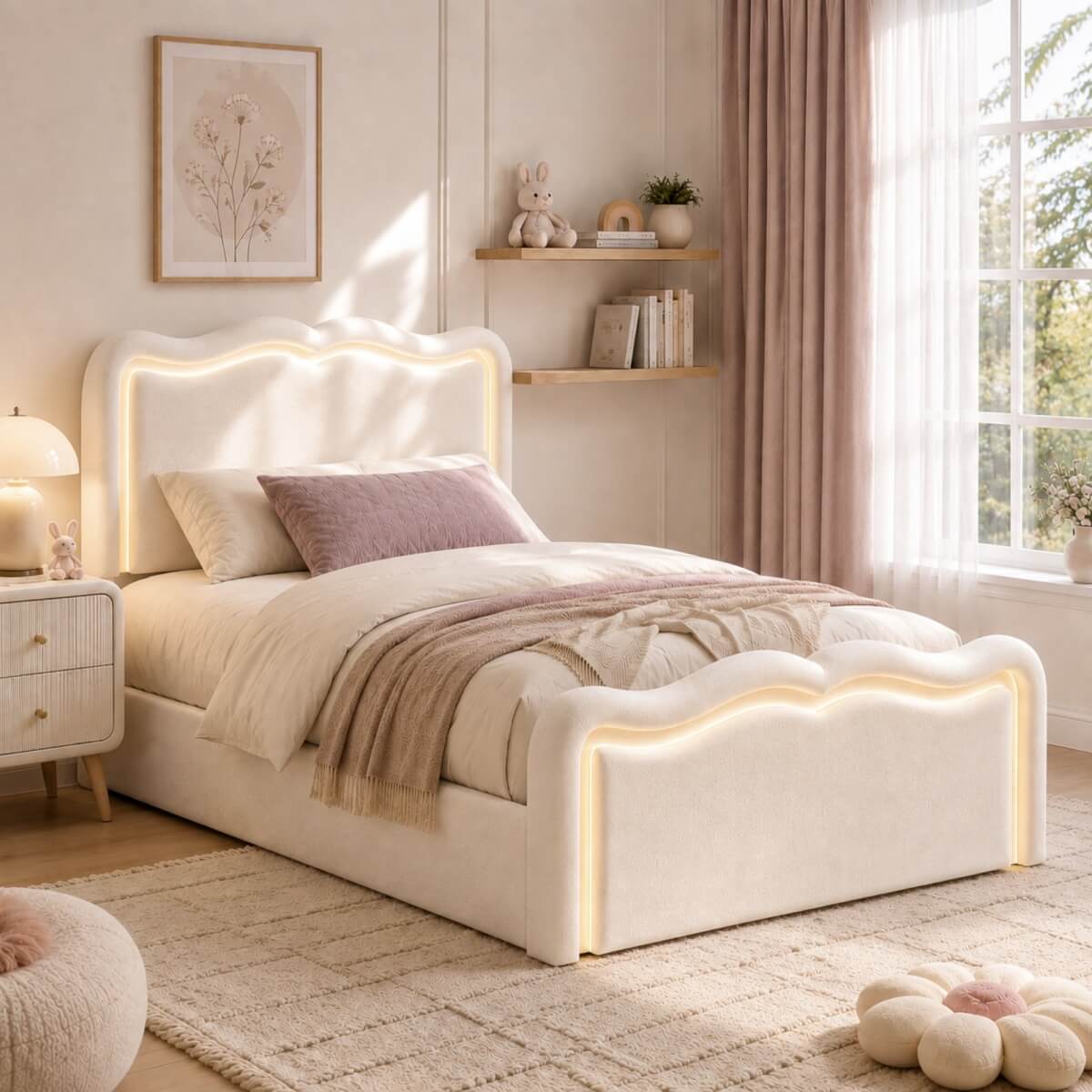 3ft Single Velvet Ottoman Storage Bed - Upholstered Hydraulic Bed with LED Lights, Wave Headboard and Metal Slatted Base, Cream White