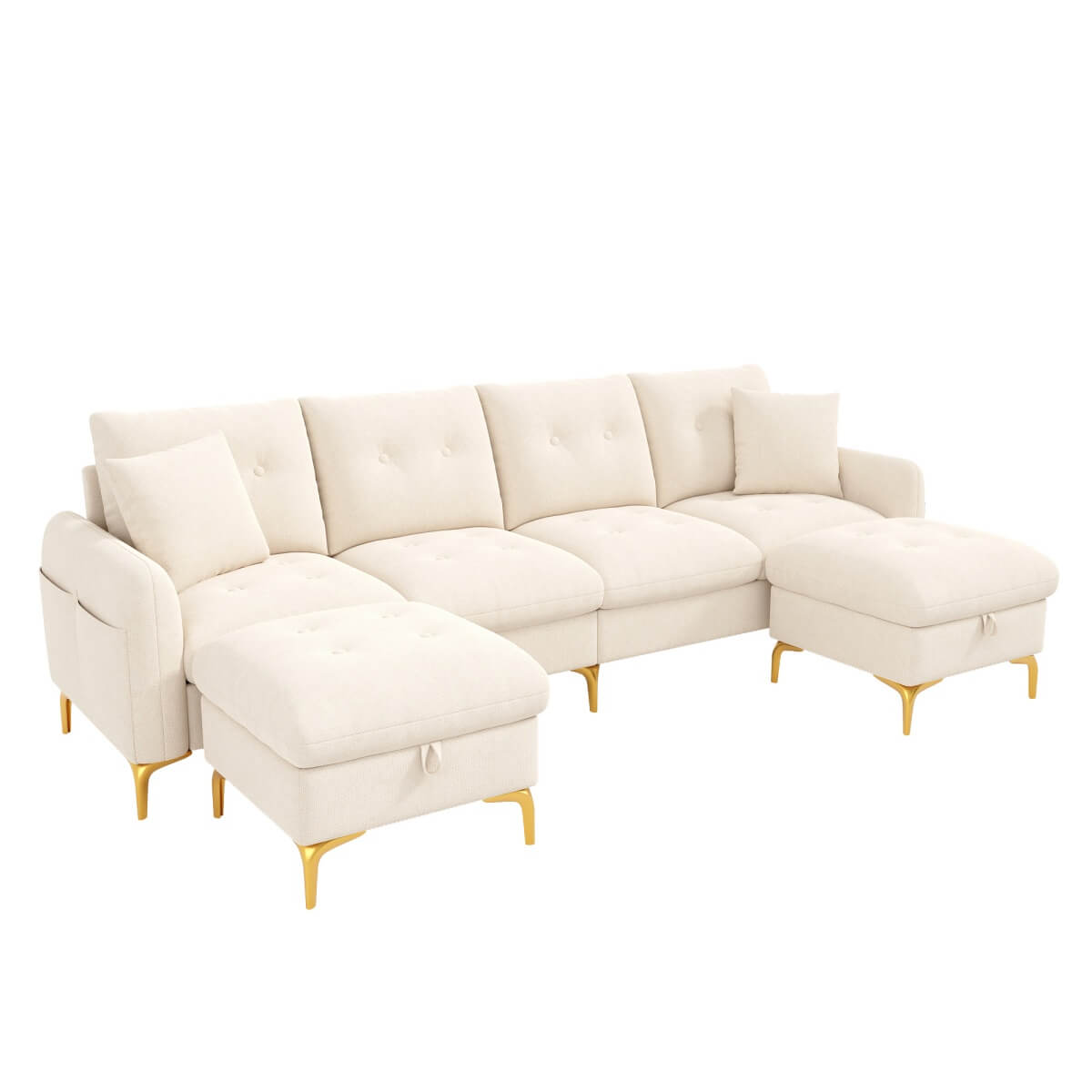 4 Seater U-Shaped Modular Sofa Bed with Storage Ottomans - Sleeper Sofa with 2 Storage Footstools and 2 Decorative Cushions, Beige
