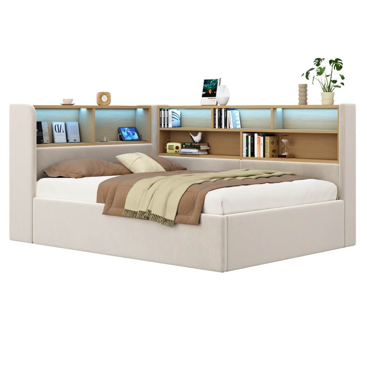 3FT Single L-Shaped Upholstered Daybed - Velvet Sofa Bed with Hydraulic Storage & USB