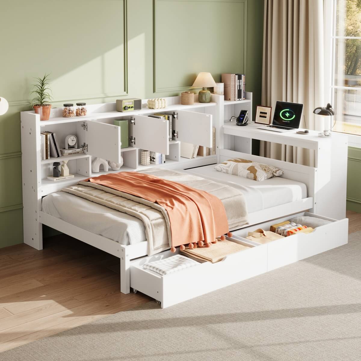 3ft Single Daybed with Storage Drawers & Bookcase – White Wooden Bed Frame with Desk and Charging Station