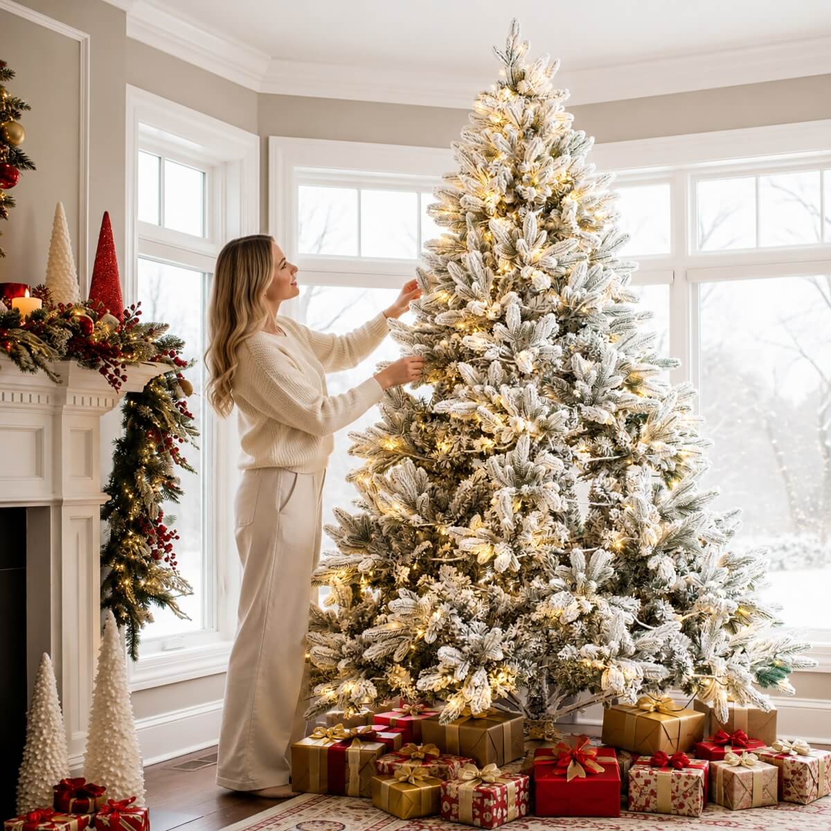 Realistic Snow-Flocked Green Artificial Christmas Tree - Full PVC & PE Mixed-Foliage Xmas Tree with Pre-Lit Warm White LED Lights & Faux Snow Effect, 6ft/7ft/8ft