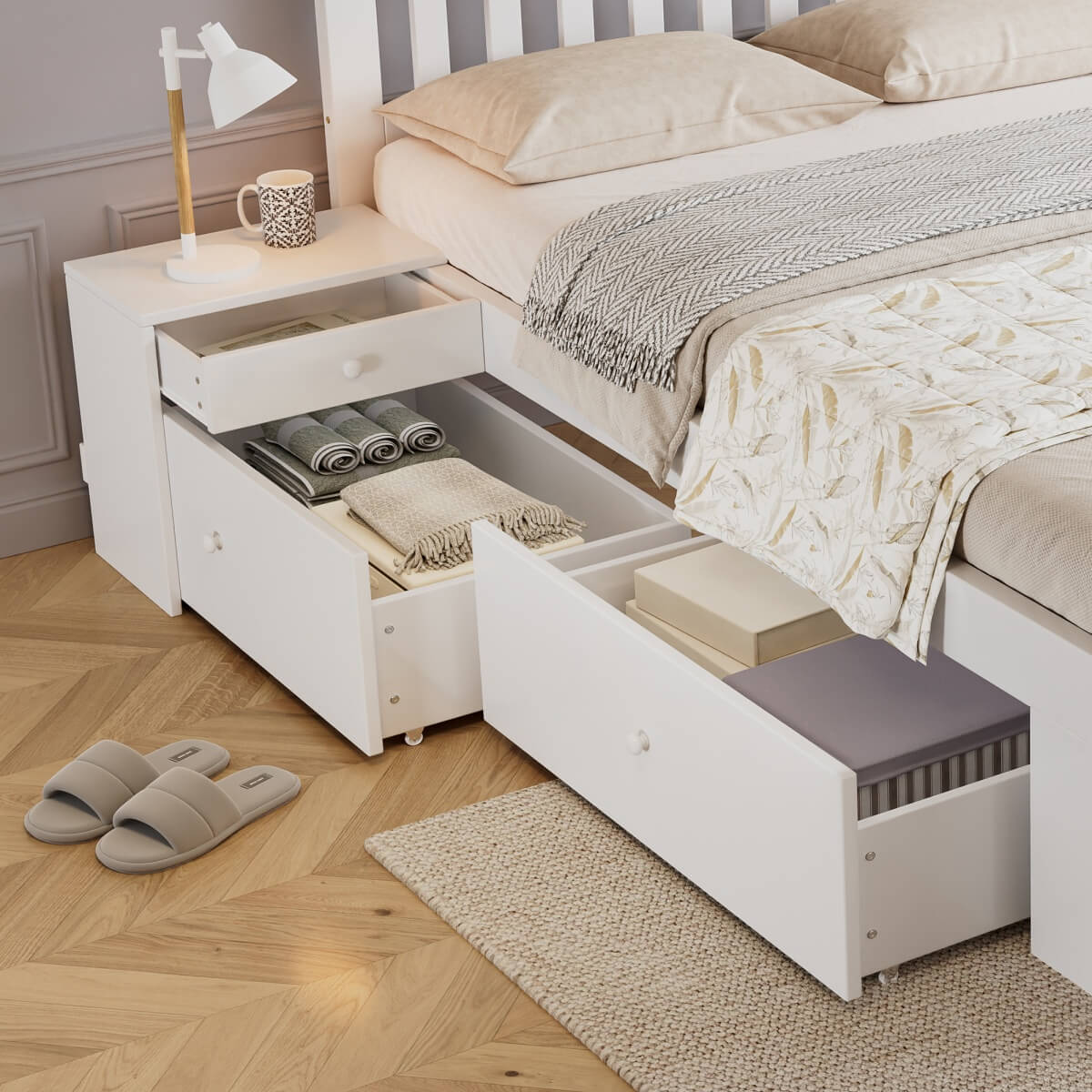 4ft6 Double Wooden Storage Bed with 2 Bedside Tables & 2 Drawers - Sturdy Bed Frame with Reversible Storage Compartments, White