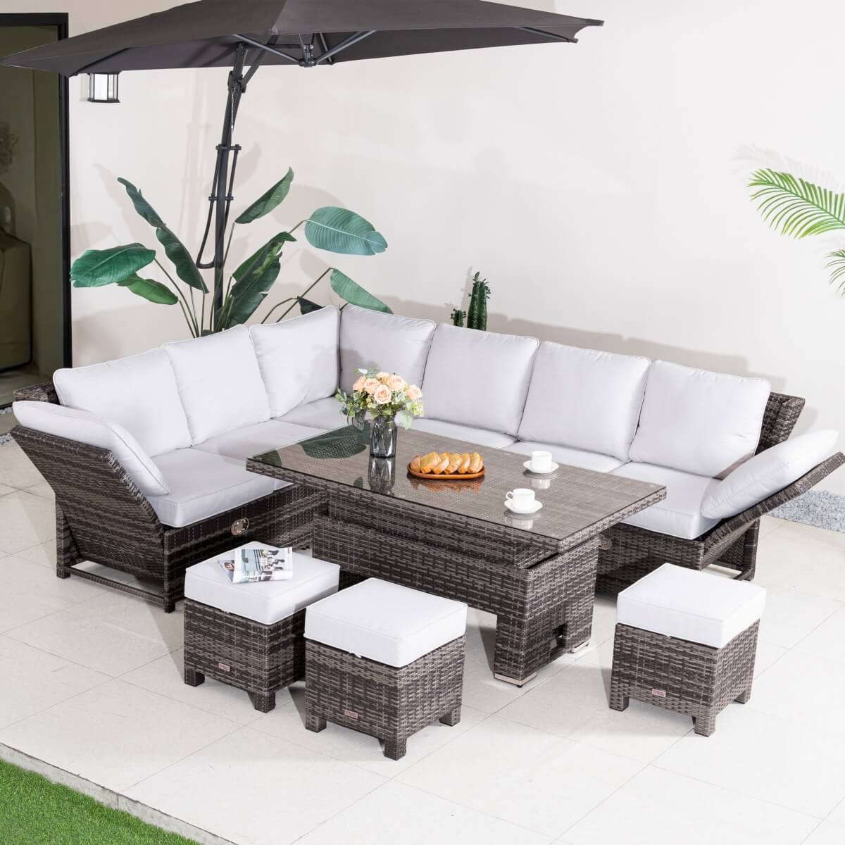 Premium Aluminium Modular Sofa Set - 9-Seater with Gas-Lift Armrests & Adjustable Table, Grey/Brown