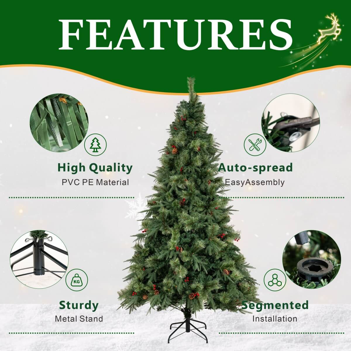 Realistic Full Green Artificial Christmas Tree with Pine Cones & Red Berries - PVC Xmas Tree for Easy Setup, 6.5ft/7.5ft/8.5ft