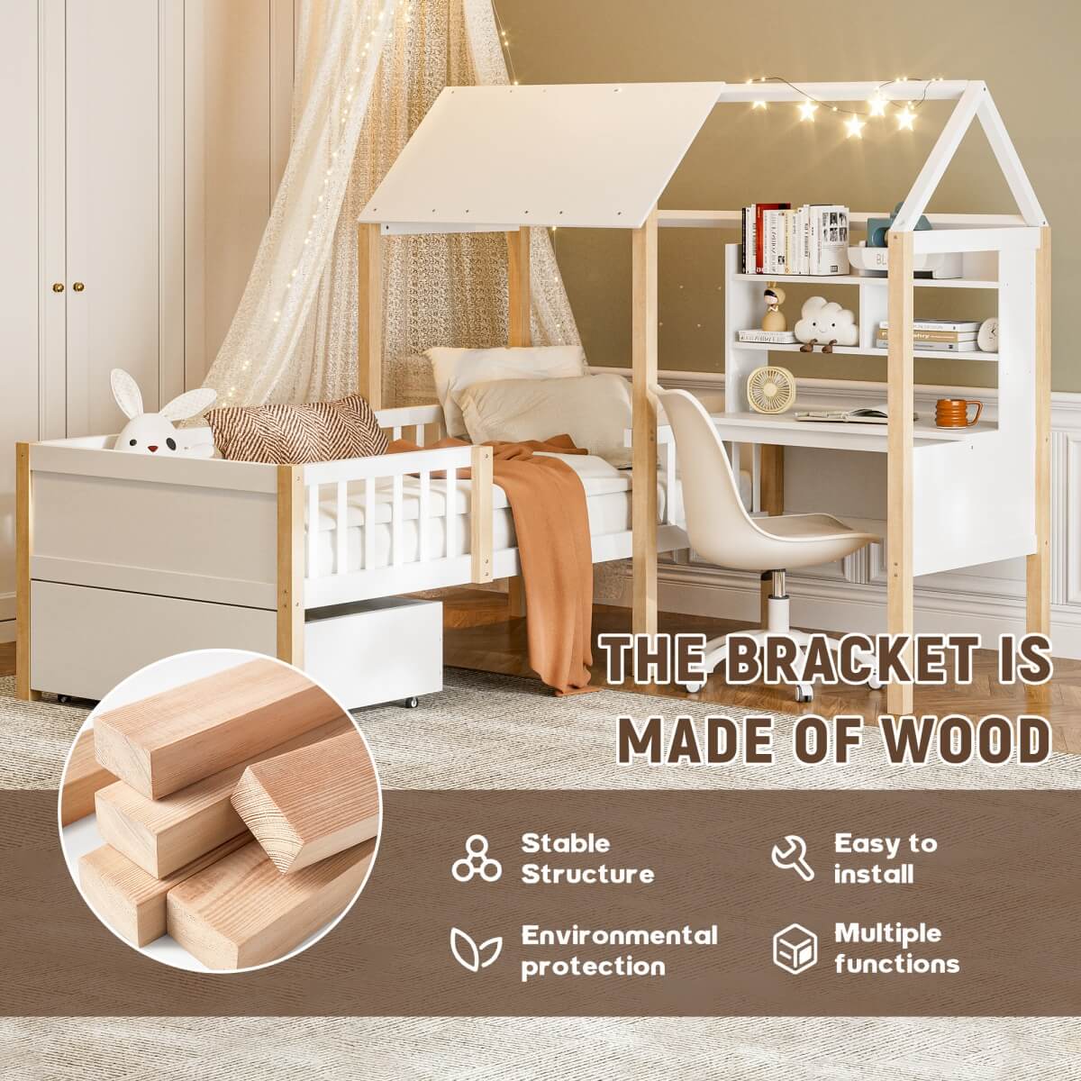 Kids House Bed with Safety Guard Rail - Solid Wood Bed Frame with L-Shaped Desk, Bookcase & Rolling Storage Drawers, White