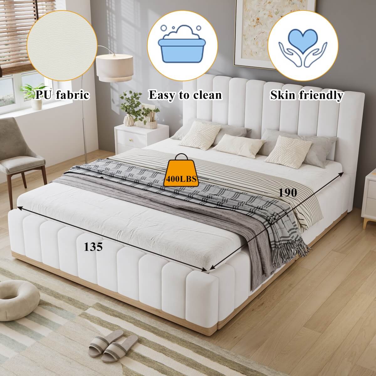4ft6 Double Upholstered Bed with Soft Headboard - PU & MDF Bed Frame