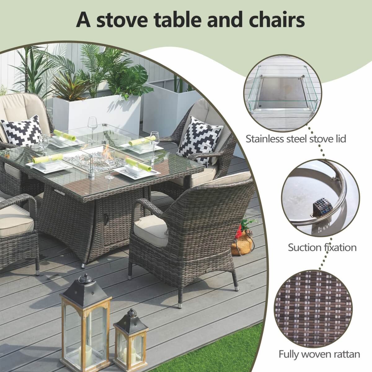 4-Seater Rattan Fire Pit Table Set - Square Gas Fire Pit Table with Wind Guard & Tempered Glass, Brown