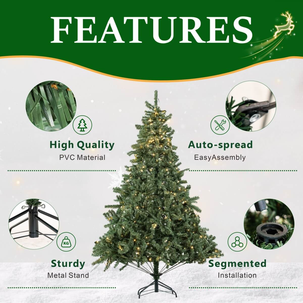 Realistic Full Green Artificial Christmas Tree - PVC Xmas Tree with Pre-Lit Warm White LED Lights, Easy Setup & Indoor Festive Decoration, 6ft/7ft/8ft