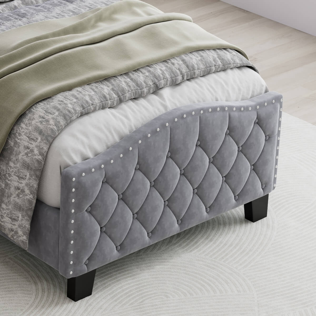 3ft Velvet Upholstered Storage Bed with LED Light Strip - Single Bed with Slatted Base, Grey