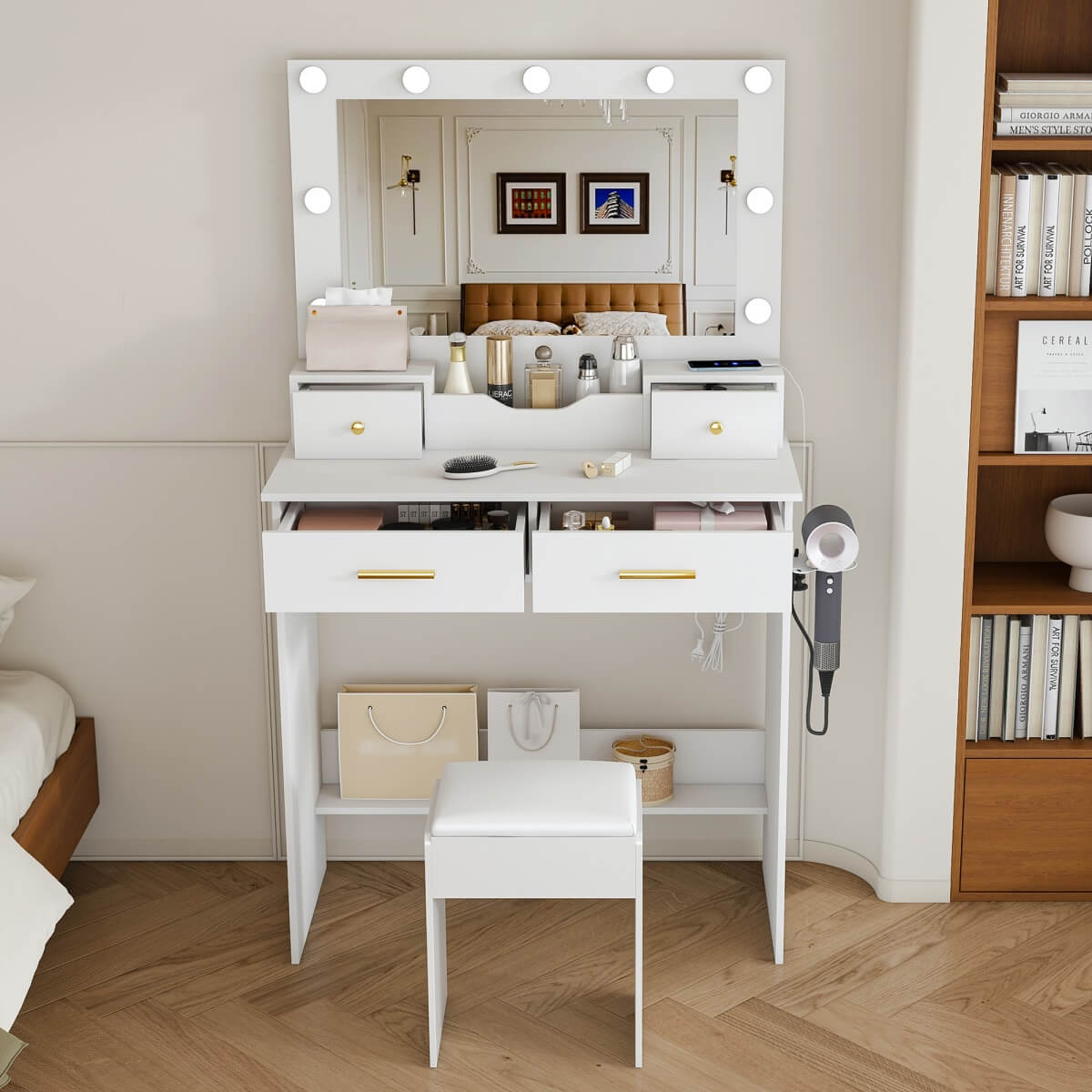 Makeup Vanity Desk with Mirror - 9 Hollywood Lights, 4 Drawers, Open Storage, Power Socket, Hair Dryer Holder & Stool, White