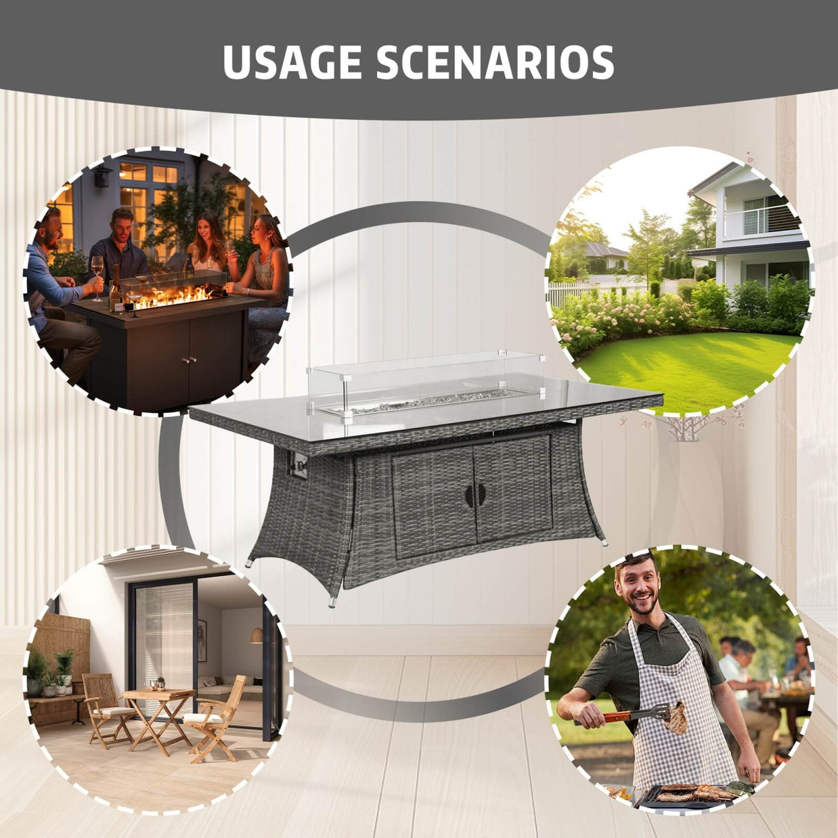 6-Seater Outdoor Fire Pit Dining Set – Rectangle Fire Pit Table for Garden and Patio