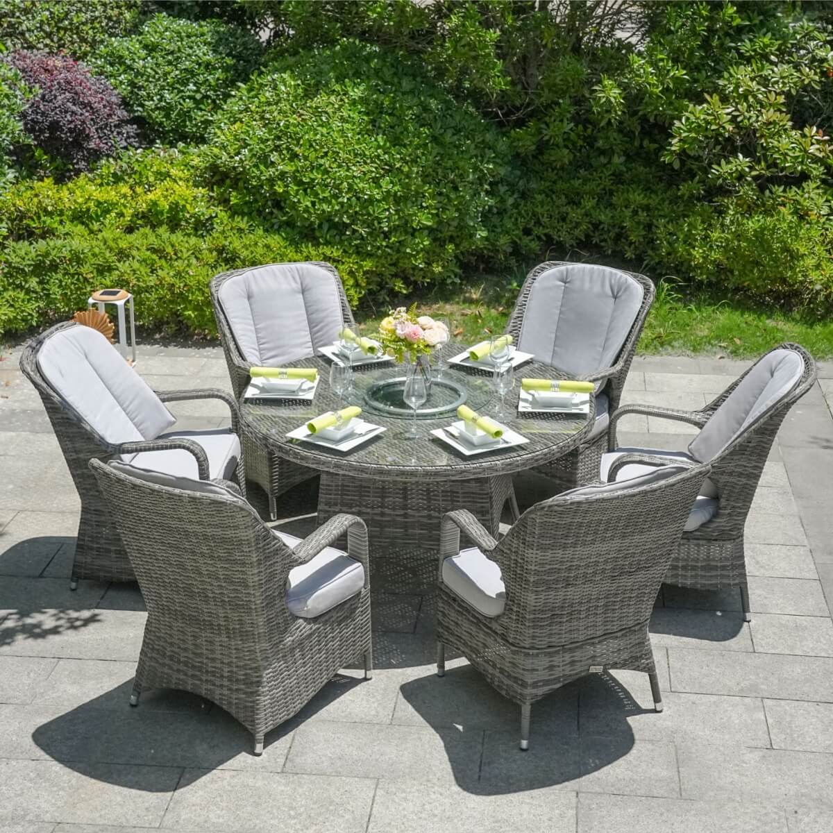 6 Seater Outdoor Rattan Dining Set - Round Table with Tempered Glass Top, Lazy Susan & Parasol Hole