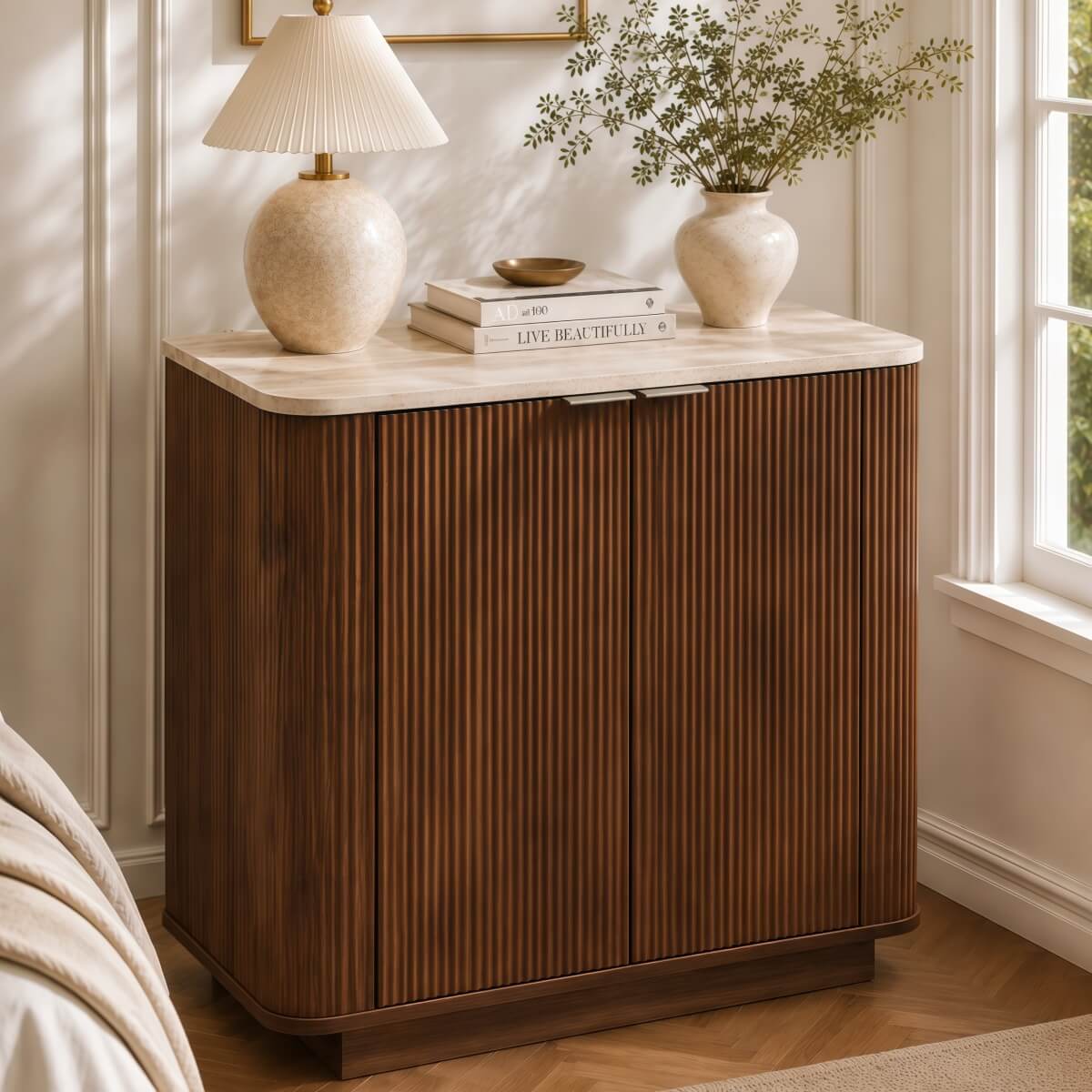 Fluted 2-Door Sideboard - Walnut Effect with Travertine Effect Top, 2-Tier Shelves, Rounded Corners and Metal Handles