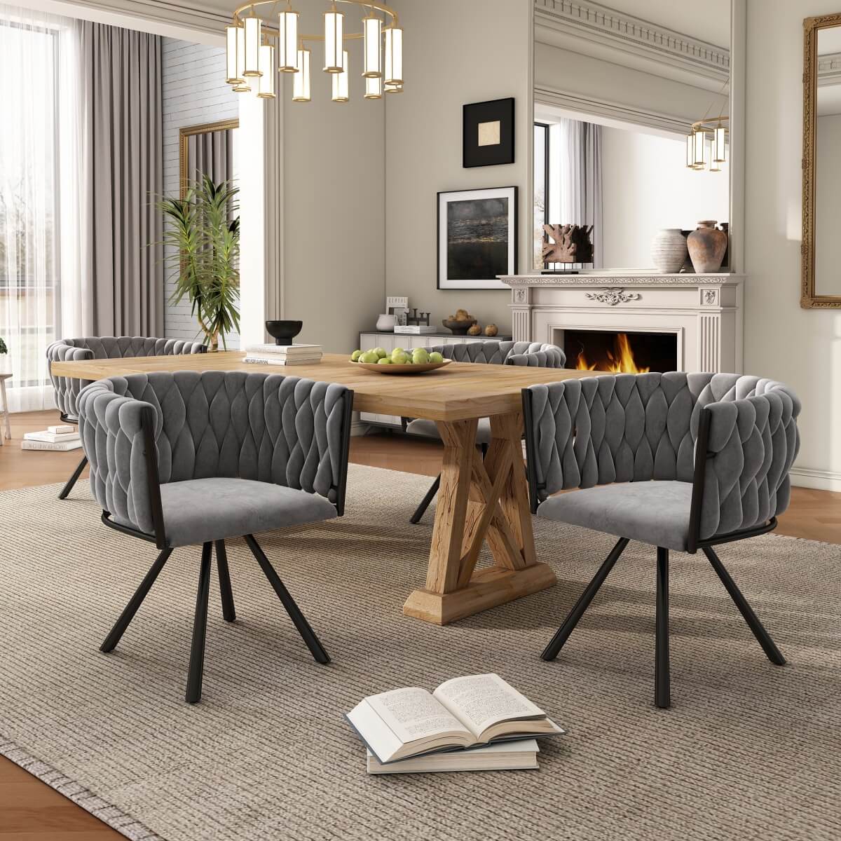 Set of 4 Velvet Swivel Dining Chairs - Luxury Accent Chairs with Metal Legs, Grey
