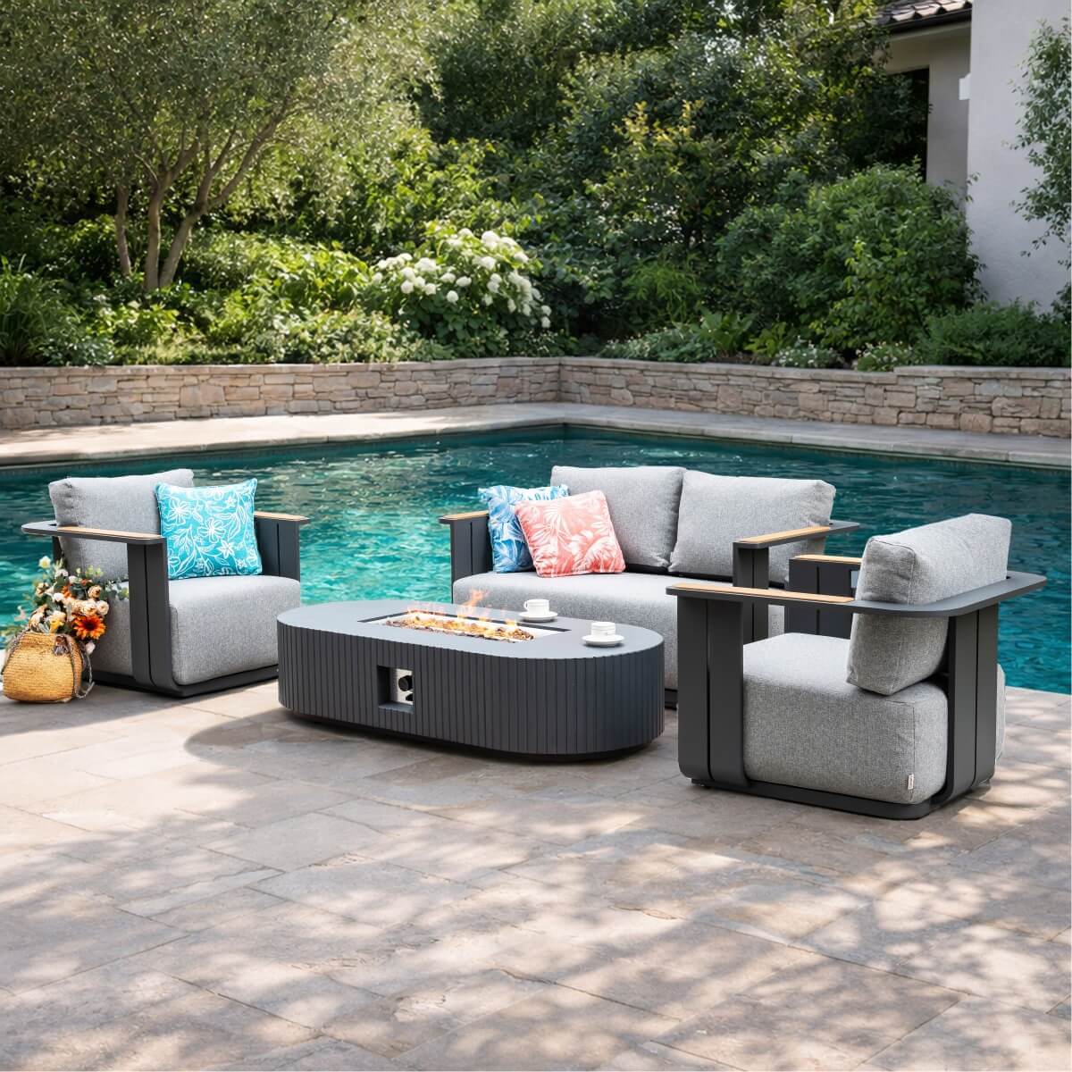VAREL 4-Piece Sofa Set with LYRIN Fire Pit Table (2 Armchairs + 2-Seater)