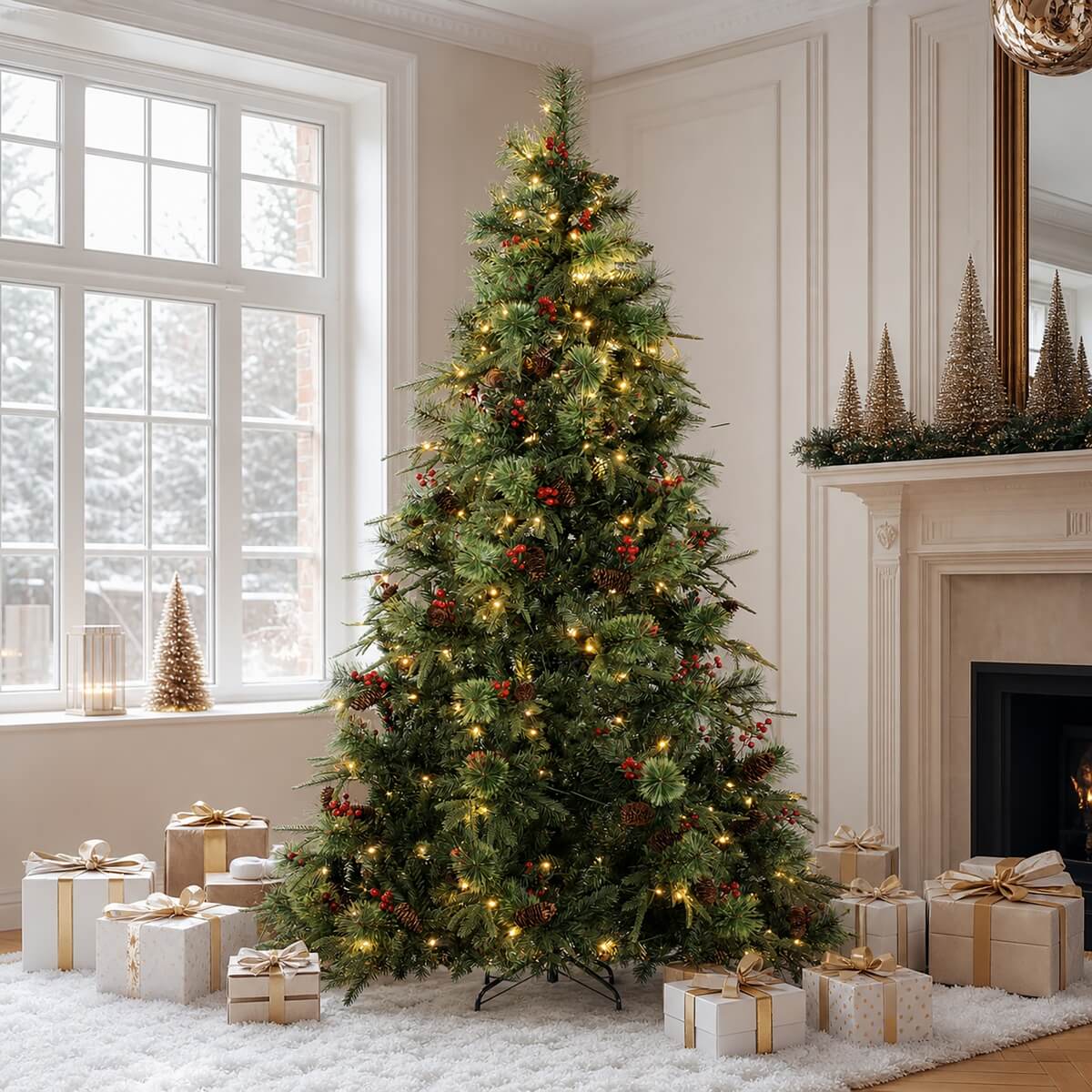 Realistic Green Artificial Christmas Tree with Pine Cones & Red Berries - Pre-Lit Warm White LED PVC Xmas Tree, Easy Setup, 5ft/6ft/7ft