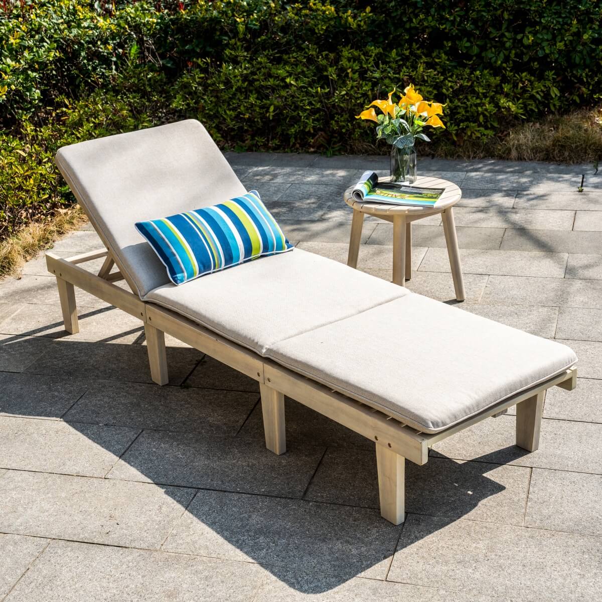 Wooden Garden Sun Lounger Set - Adjustable Backrest with Side Table